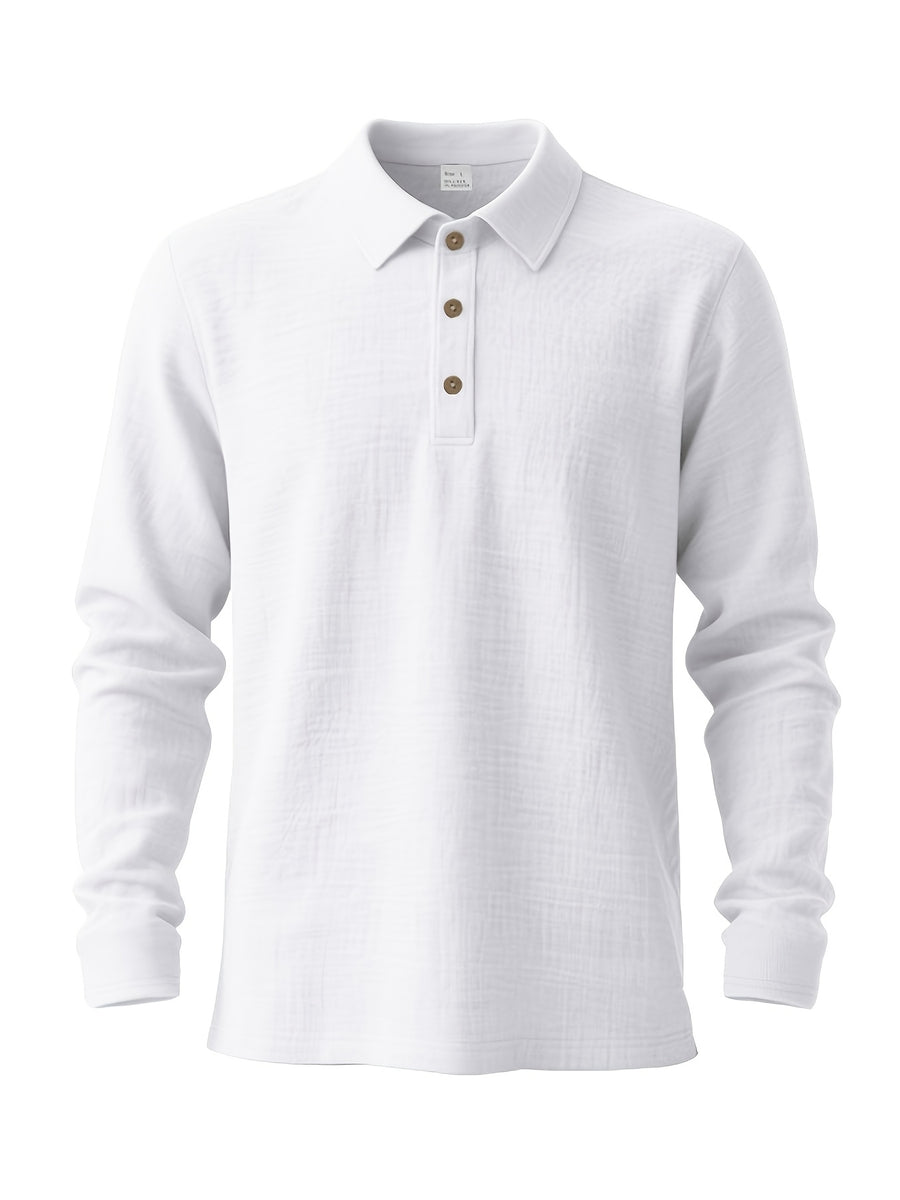 Men'S Linen Polo Shirt, Long Sleeve Casual Button-Up Top Made of Soft Natural Linen Fabric, Breathable Lightweight Construction with Relaxed Fit, Ideal Summer Clothing for Beach Vacations, Tropical Travel, Business Casual, And Leisure Style - White
