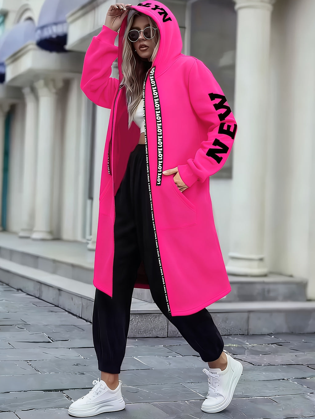 Women's New York & Love Letter Print Hooded Jacket with NYC Zipper Hoodie - Cozy Winter Outerwear, Pockets, Machine Washable Swe Coat for Casual or Office Wear - Dark Pink