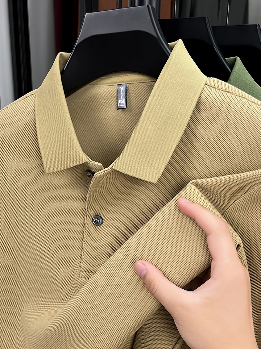 Spring and Autumn Men's Lapel Polo Shirt, Fashionable Solid Color Base Layer Top, Versatile Business Casual Long Sleeve T-Shirt, Suitable for Daily Work Scenes, The Best Gift for Friends and Relatives - Beige Yellow
