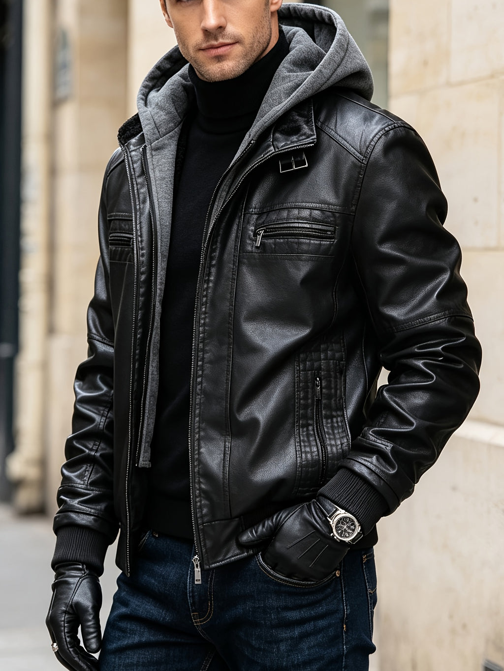 2026 New Fall Winter Men'S Faux Leather Hooded Jacket, Motorcycle Faux Leather Coat, Slim Fit Warm Outerwear with Multiple Zipper Pockets, Versatile Top for Daily Travel, Casual, Work Commute & Outdoor Activities - Black