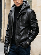 2026 New Fall Winter Men'S Faux Leather Hooded Jacket, Motorcycle Faux Leather Coat, Slim Fit Warm Outerwear with Multiple Zipper Pockets, Versatile Top for Daily Travel, Casual, Work Commute & Outdoor Activities - Black