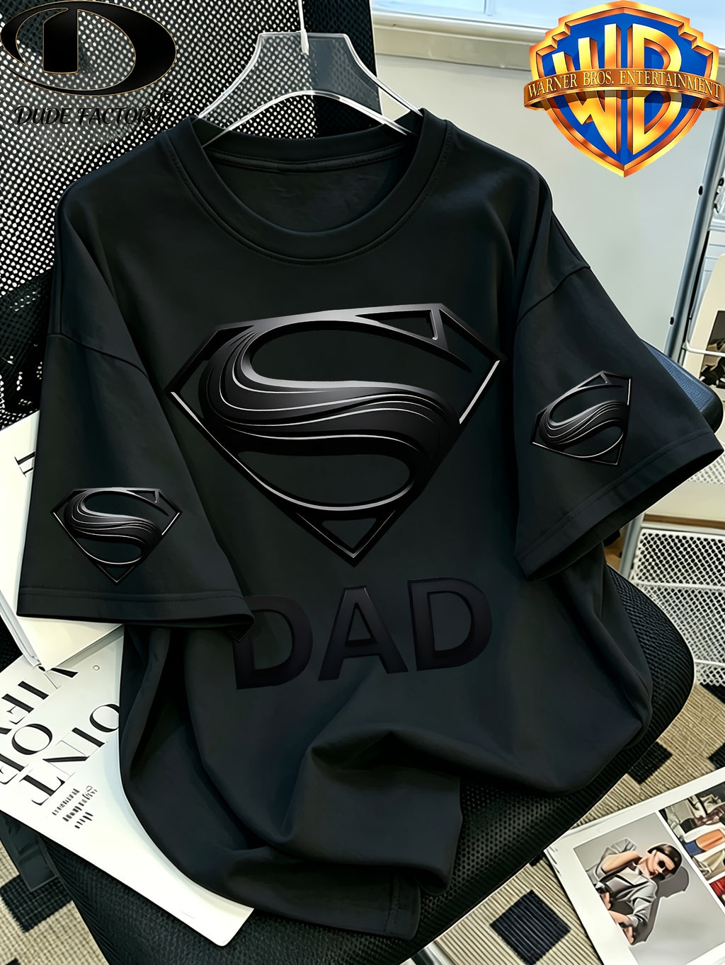 Warner Exclusive, Vintage Street Style Classic Superman "S" Logo Print Design, Men's Summer Basic Daily Casual Short-Sleeve T-Shirt, Suitable for Outdoor Wear, Fitness, Office, and Daily Outfits, an Essential Item for a Basic Wardrobe - Black