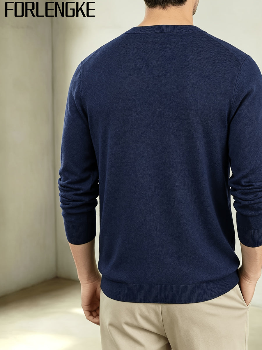 FORLENGKE Men's Business Casual Grid Textured Sweater - Soft Warm Stretch Knit Crew Neck Pullover, Suitable for Fall Winter Office Wear, Long Sleeve Blazer or Sweater Vest Compatible for Daily Professional Attire - Navy Color