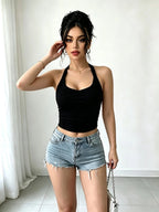 Women'S Spring Summer Halter Neck Solid Color Cami Tank Top, Spicy Sheer Short Top for Inner Wear And Outer Wear, Classic Versatile Style - Black
