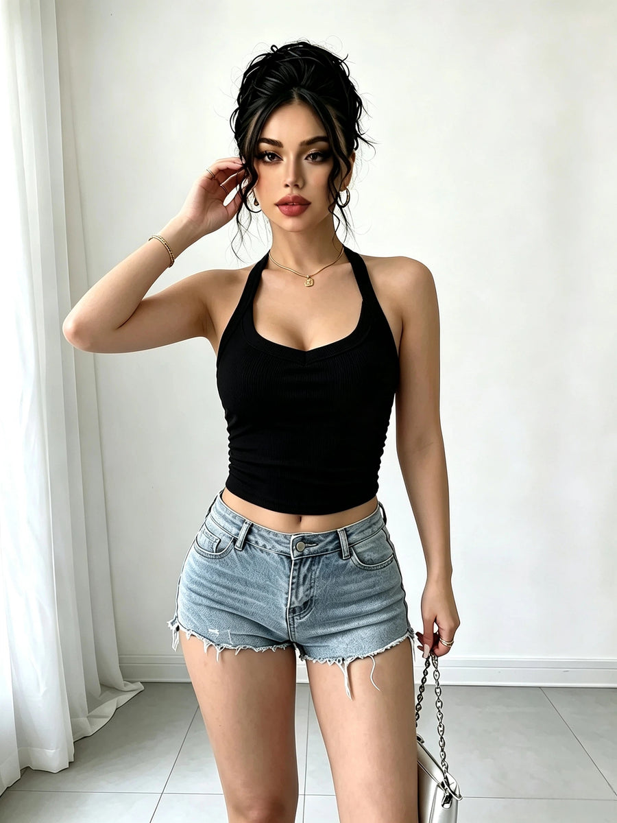 Women'S Spring Summer Halter Neck Solid Color Cami Tank Top, Spicy Sheer Short Top for Inner Wear And Outer Wear, Classic Versatile Style - Black