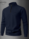 Men'S Casual Long Sleeve Knit Zip-Up Cardigan, Line Print, 1/4 Zipper, Medium-Stretch Fabric Suitable for Fall Winter, Comfortable Warm Outerwear, Classic Zip Style, Casual Wear - Navy Color