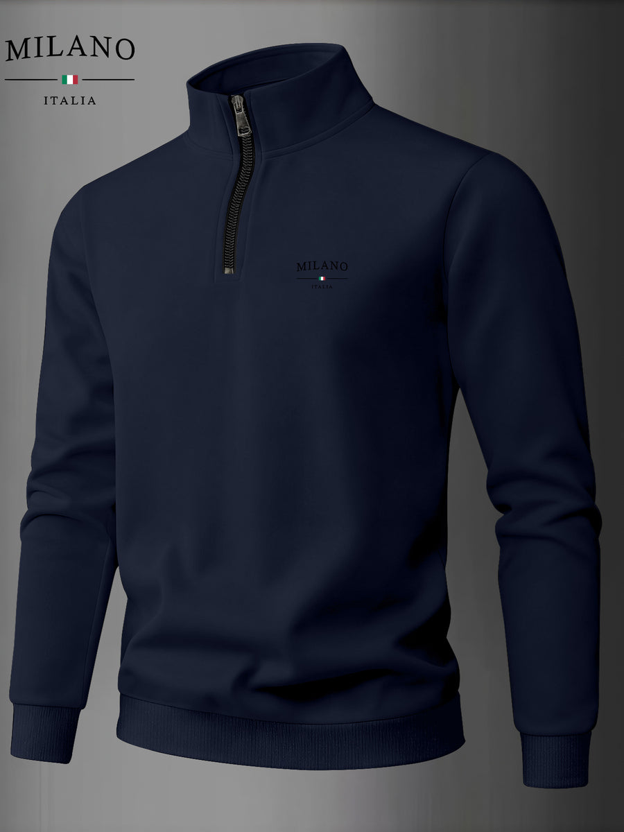 Men'S Casual Long Sleeve Knit Zip-Up Cardigan, Line Print, 1/4 Zipper, Medium-Stretch Fabric Suitable for Fall Winter, Comfortable Warm Outerwear, Classic Zip Style, Casual Wear - Navy Color