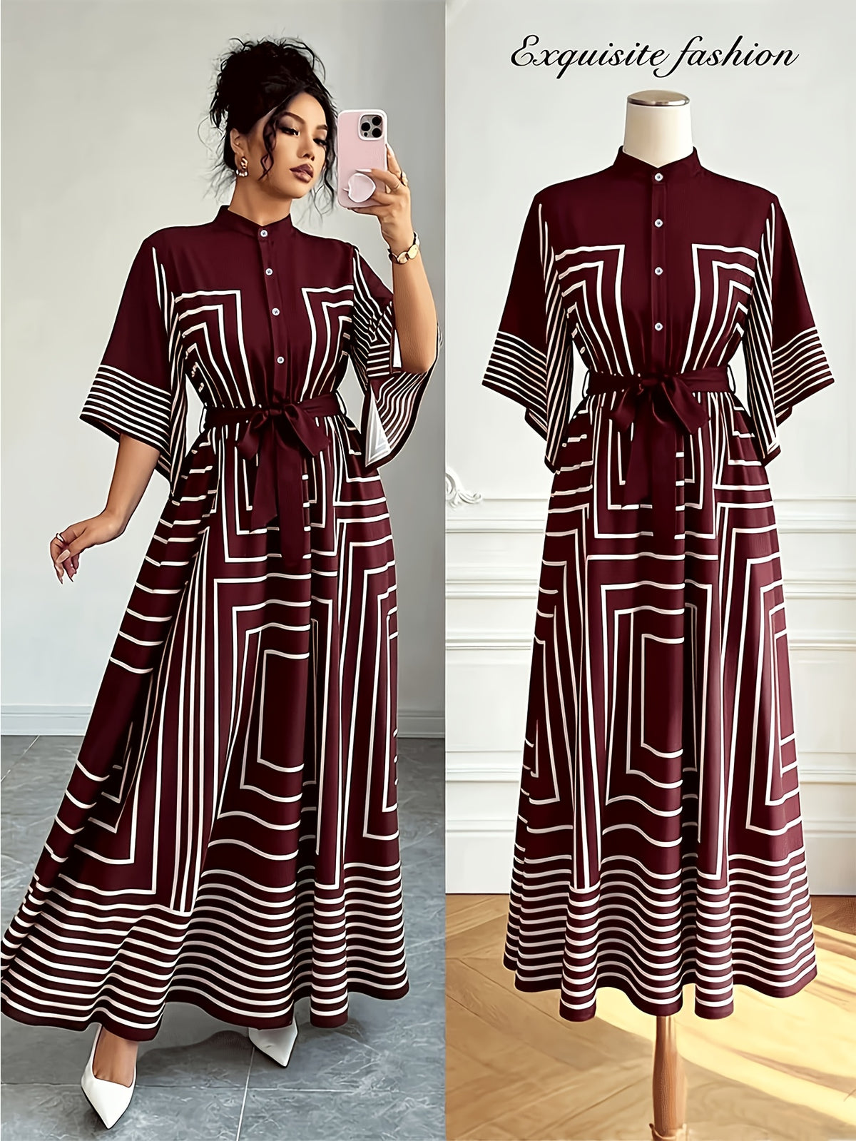 New Women's Fashion, Elegant Geometric Print Long Sleeve Short Dress, Suitable for Spring/Summer Commuting and Dating - Red
