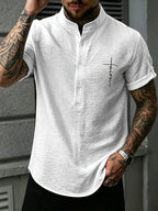 Men'S Stand Collar Pleated Texture Short Sleeve Shirt English Letter Heat Transfer Half-Open Henley Casual Commute Light Mature Style Top - White