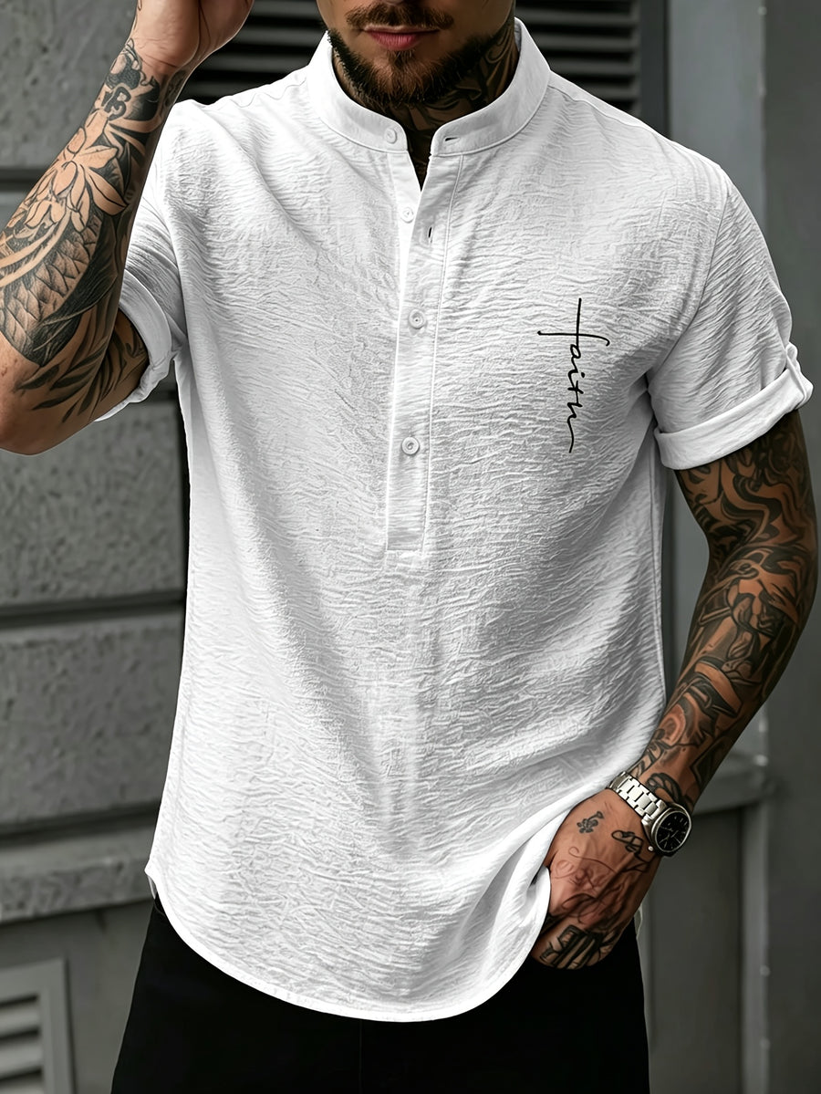 Men'S Stand Collar Pleated Texture Short Sleeve Shirt English Letter Heat Transfer Half-Open Henley Casual Commute Light Mature Style Top - White