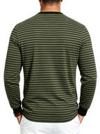 Men'S Spring Autumn Casual Loose Easy Striped Outdoor Commuter Long Sleeve Henley Shirt - Military Green