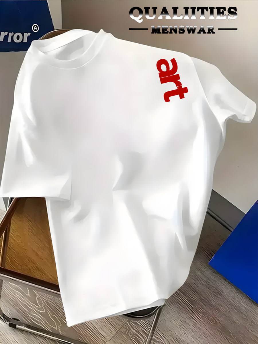 Men'S Fashion Short Sleeve T-Shirt, Minimalist Red Letter Pattern Print, Casual Regular Knit Tee, Suitable for Daily Wear, Couple Style, Unisex, Summer New Arrival, Versatile Style - White