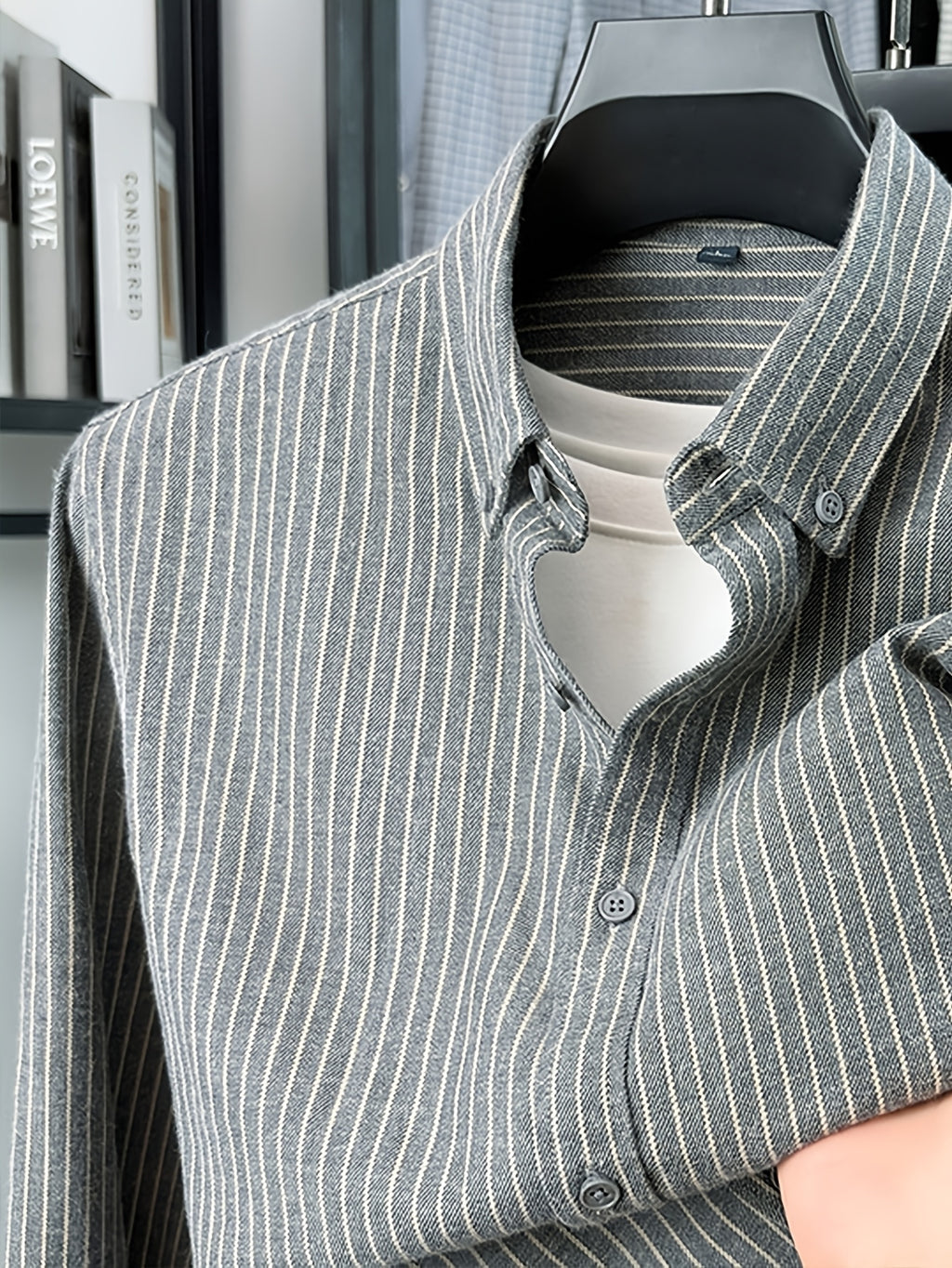 Men'S Pinstripe Long Sleeve Shirt, Button-Up Point Collar Design, Easy Retro Style, Suitable for Spring/Autumn, Can Be Worn As Base Layer in Early Winter - SINBOS - Gray Stripe