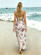 Women'S American Retro Spicy Style Floral Cami Dress, Double Slit Design Niche Waist-Cinching Long Dress - White