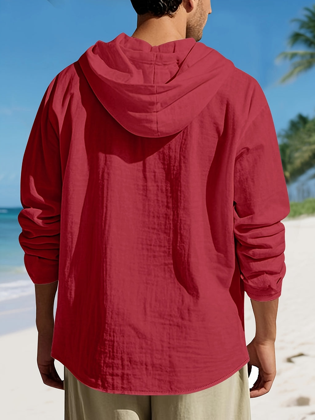 Men'S Casual Linen Hooded Shirt, Lightweight Breathable Fabric, Relaxed Fit Long Sleeve Design, Button Front Closure, Adjustable Drawstring Hood, Comfortable Pullover Style for Beach Vacations, Resort Travel, Yacht Trips, Camping, Outdoor Activities - Red