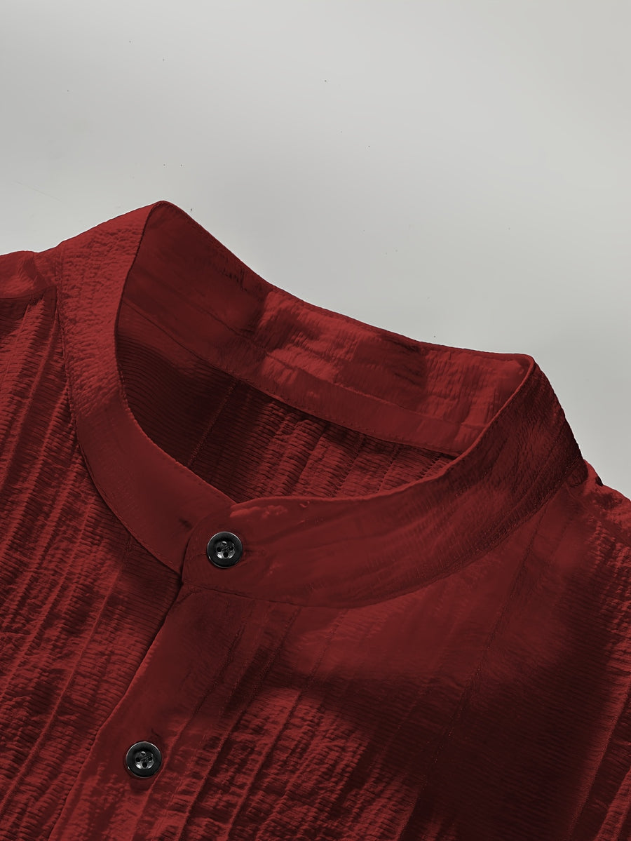 Pearson OBM Men's Summer Solid Color Semi-Transparent Short Sleeve Casual Stand Collar Shirt, Button-Up Fashion Versatile Shirt for Beach Vacation Pool Party - Red