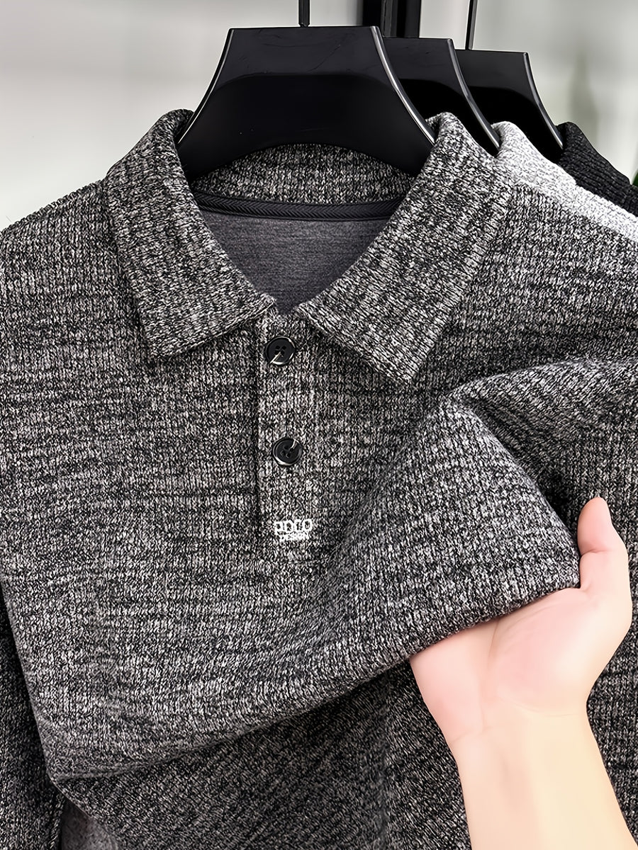 Men's Multi-Color Floral Yarn Lapel Polo Knit Shirt for Autumn, Long Sleeve Thick Pullover Top with Textured Finish, Suitable for Business Commuting, Business Trips & Parties, Daily Home Wear, and Casual Layering - Mist Rock Hemp Ash Gray