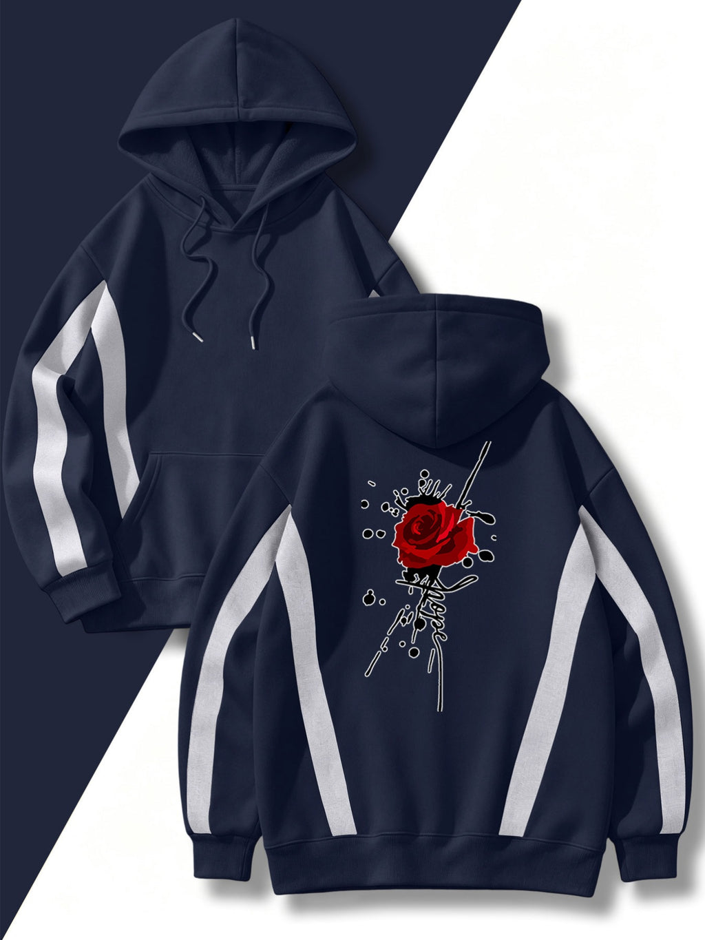 4pcs Set: Autumn/Winter Men's Street Style Pullover Hooded Sweatshirt with Diagonal Contrast Color Stripe Cutting on Sleeves, Long Sleeve Top, Adjustable Drawstring, Large Capacity Kangaroo Pocket for Storing Phone and Small Items, Skin-Friendly - Navy Blue+Navy Blue+Navy Blue+Navy Blue