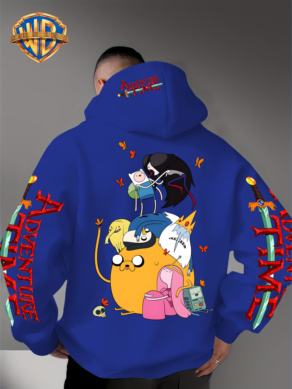 Warner Bros. Men's Adventure Time Full Cast Themed Trendy Fashion Pullover Hoodie with Family Portrait Character Print - Multicolor-Blue