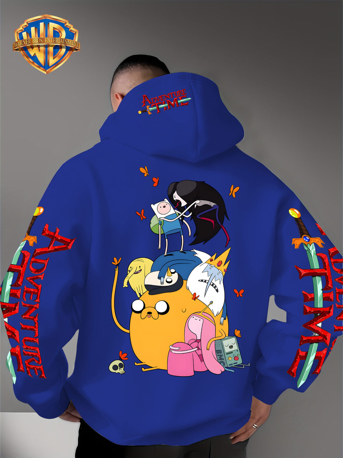 Warner Bros. Men's Adventure Time Full Cast Themed Trendy Fashion Pullover Hoodie with Family Portrait Character Print - Multicolor-Blue
