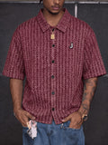 Bohemian Style Men'S Short Sleeve Shirt, Thick Needle Jacquard Geometric Print, Loose Lapel Casual Top Jacket, Summer Breathable - Brick Red