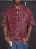 Bohemian Style Men'S Short Sleeve Shirt, Thick Needle Jacquard Geometric Print, Loose Lapel Casual Top Jacket, Summer Breathable - Brick Red