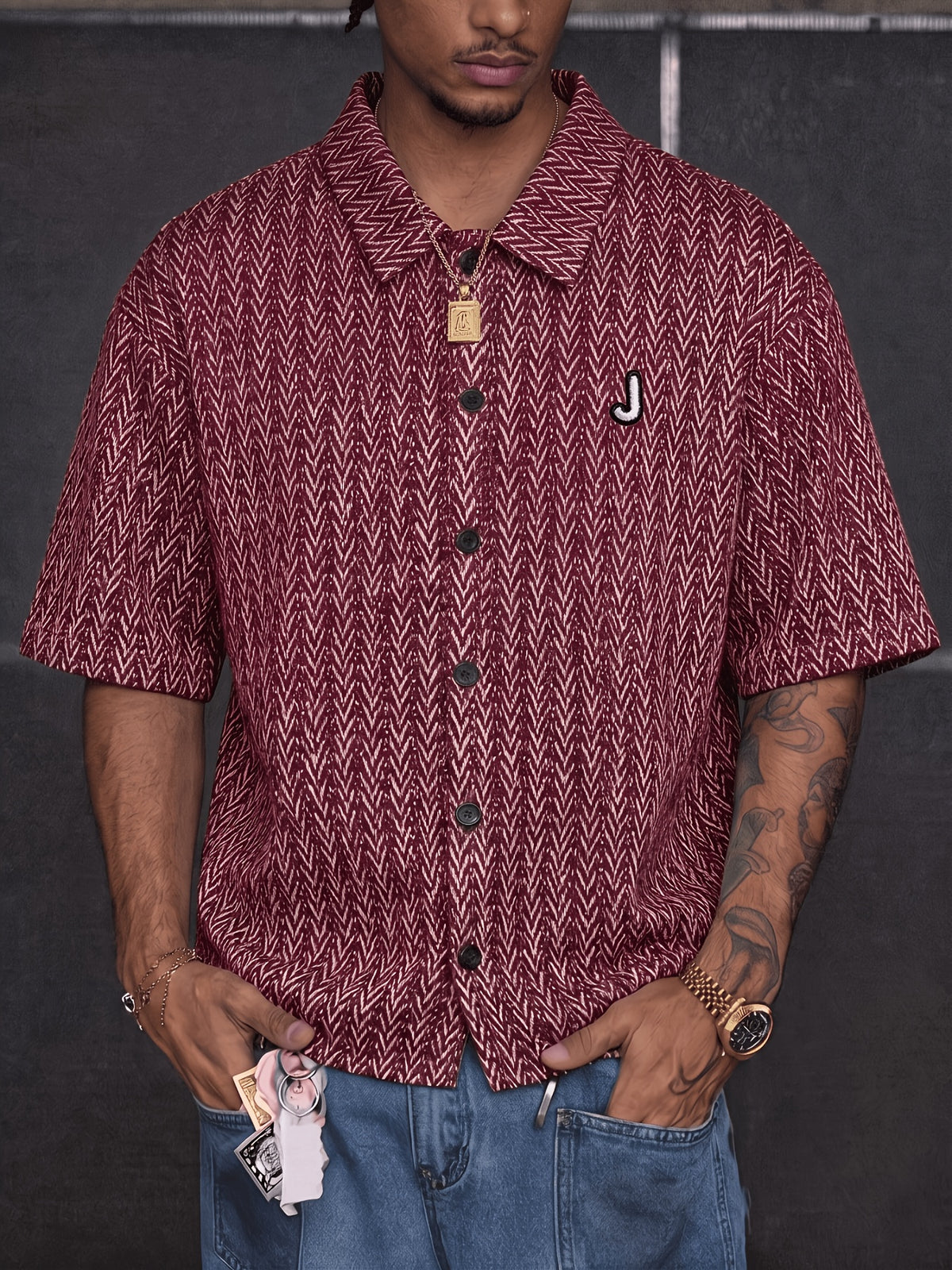Bohemian Style Men'S Short Sleeve Shirt, Thick Needle Jacquard Geometric Print, Loose Lapel Casual Top Jacket, Summer Breathable - Brick Red