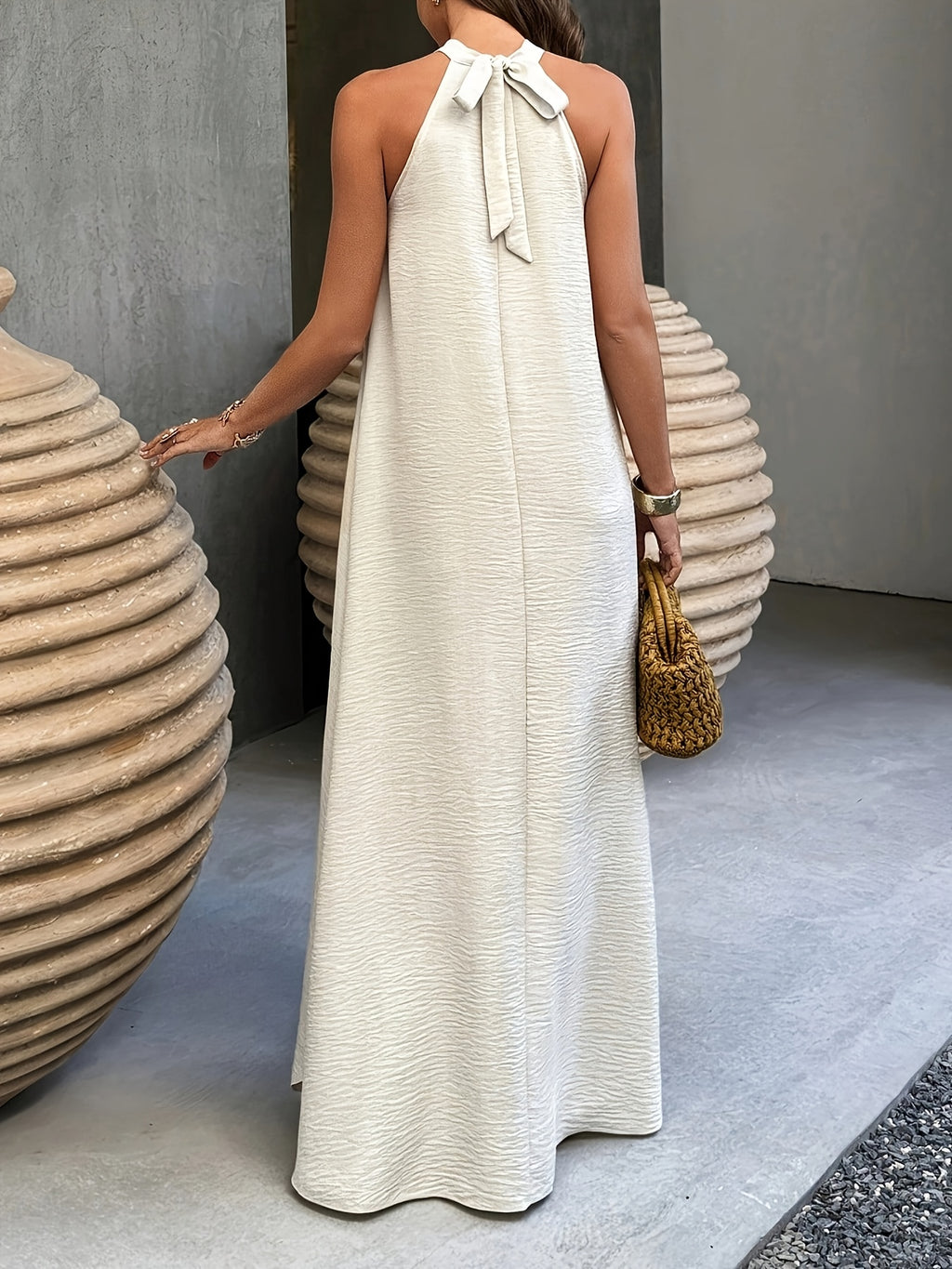 Ancient City Bohemian Style Dress, Vacation Style, Ribbed Neckline, Suitable for Spring Summer, Beach Dress, Women'S Long Summer Dress Clothing - Apricot
