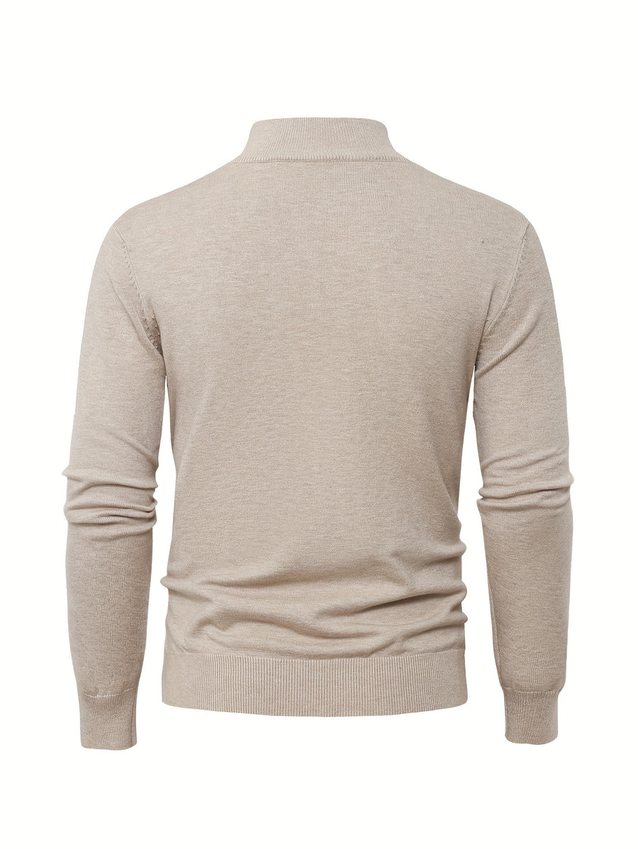 2025 New Men's Casual Solid Color Knit Zip-Front Sweater - Thickened Warm Top - Fashionable Minimalist Style with Medium Stretch for Daily Comfort, Men's Essential Cold-Weather Item, High-Quality Autumn/Winter Fashionable and Mature Pullover - Khaki