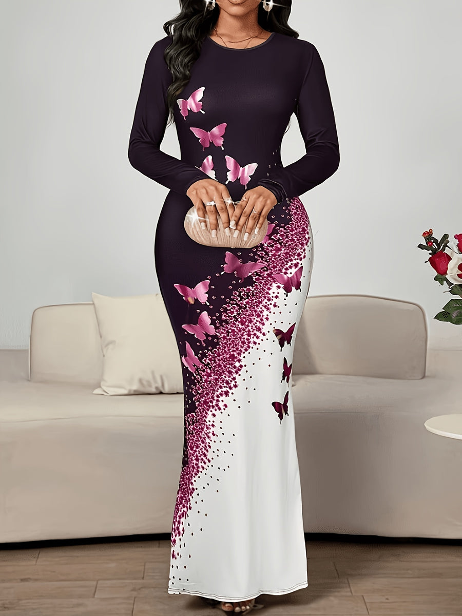 Women's Printed Elegant Round Neck Long Sleeve Dress - Deep Purple