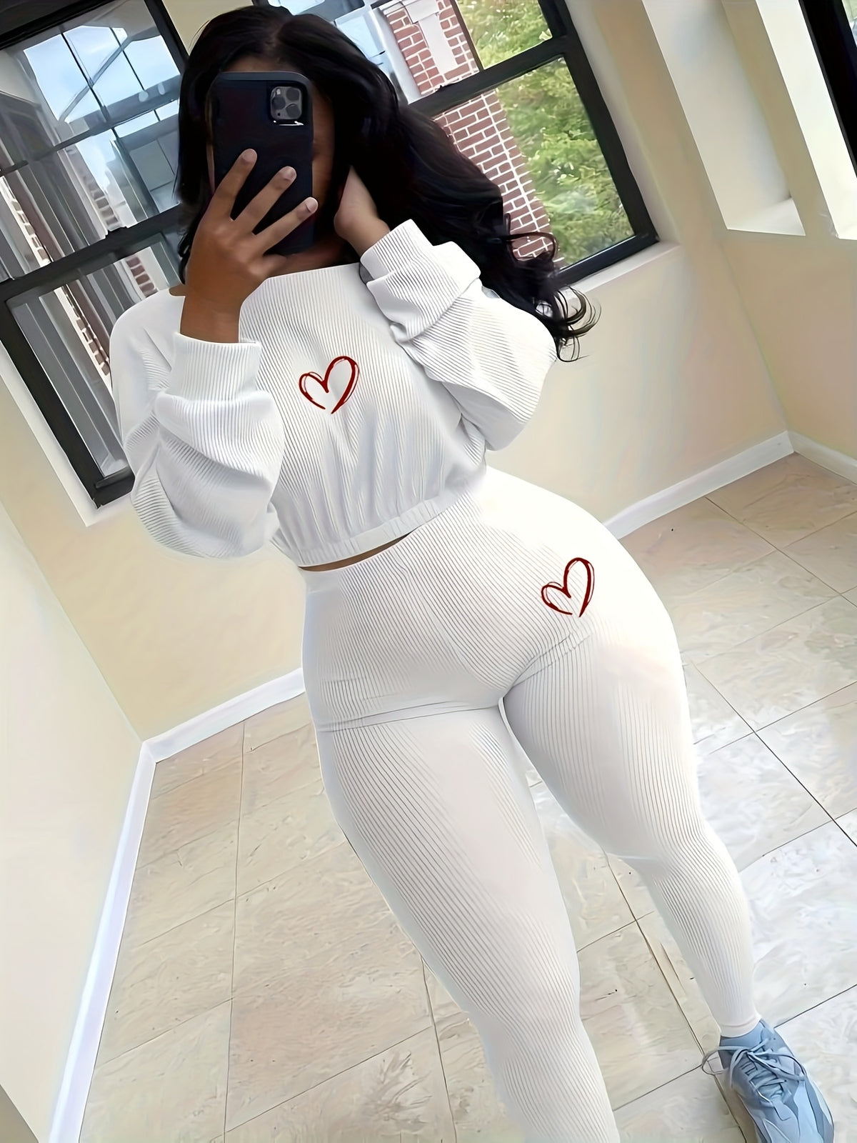 11.1 Model - Xingliuya Women'S Two-Piece Casual Sports Set Featuring a Heart-Shaped Print, Round Neck Long-Sleeve Top And Leggings, Suitable for Spring And Autumn - White