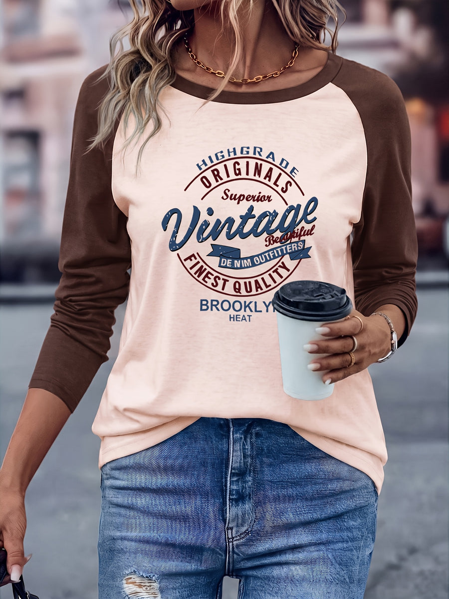 Brooklyn Vintage Pattern Design European and American Style Women's Daily Versatile Comfortable Casual Color-Blocked Crew Neck Raglan Long Sleeve T-Shirt - Apricot Collide Coffee Color