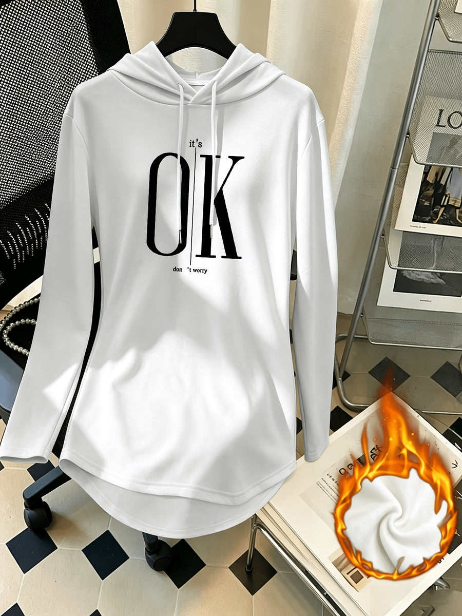 Women's Mid-Length Hooded Sweatshirt, Loose Fit, Hip-Covering, Letter Print, Drawstring Pullover Top - White