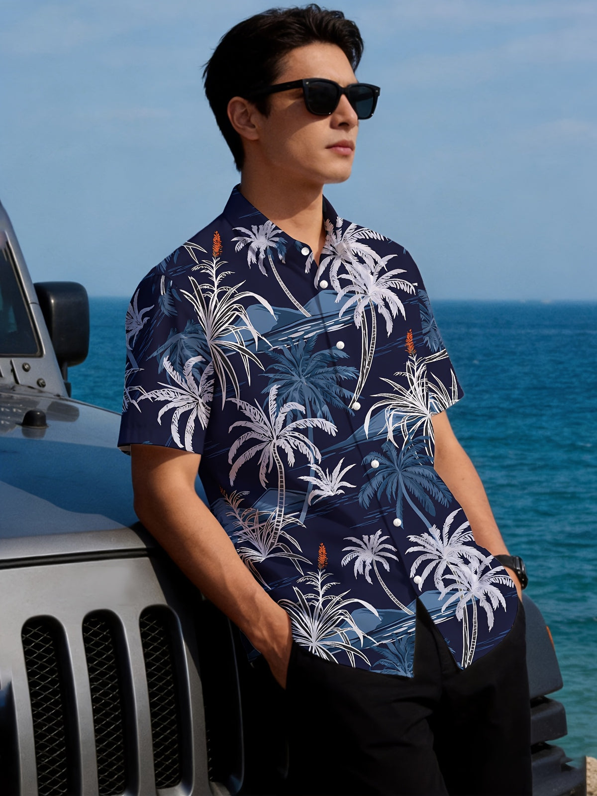 Men'S Short Sleeve Shirt, Hawaiian Style, Digital Print Unisex Full Print Palm Tree Design, Youthful Beach Casual, Men'S Top - Mixed colors