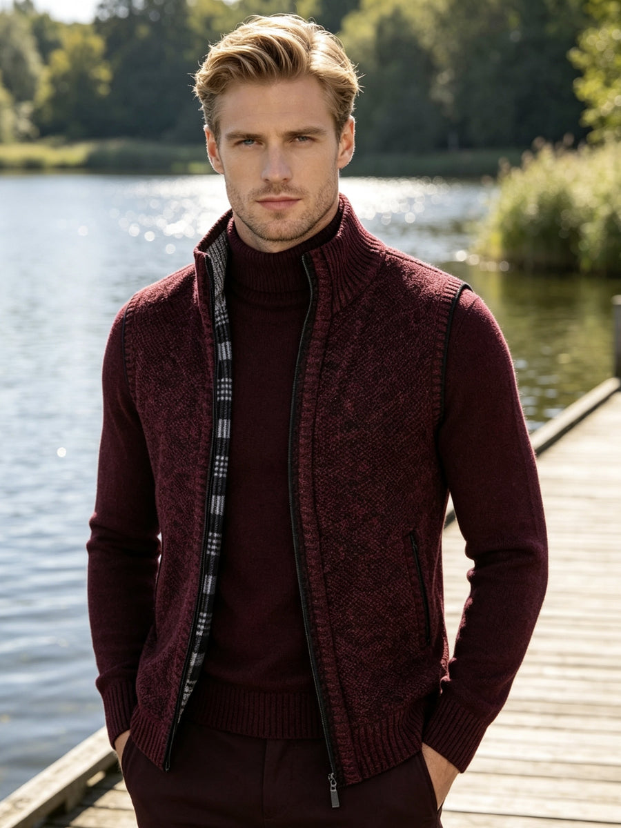 Men'S Stand Collar Zip-Up Vest, Thick Warm Sleeveless Sweater Waistcoat Gilet, Casual Fall Winter Outerwear Sleeveless Cardigan for Daily Commute Outdoor Street Wear - Burgundy