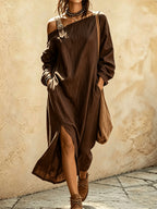 Women's Asymmetric Off-Shoulder Long Dress, Casual Long Sleeve Loose Split Midi Dress with Pockets, Suitable for Daily Commuting, Vacation, and Office Wear - Coffee Brown