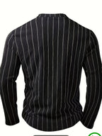 Men'S Casual Striped Long-Sleeve Shirt – Black with Vertical Stripes, Button Henley Neckline, Medium Stretch Knit Fabric, Perfect for Casual Wear in Spring And Autumn, Spring/Summer Clothing | Striped Shirt | Medium Stretch Fabric - Black