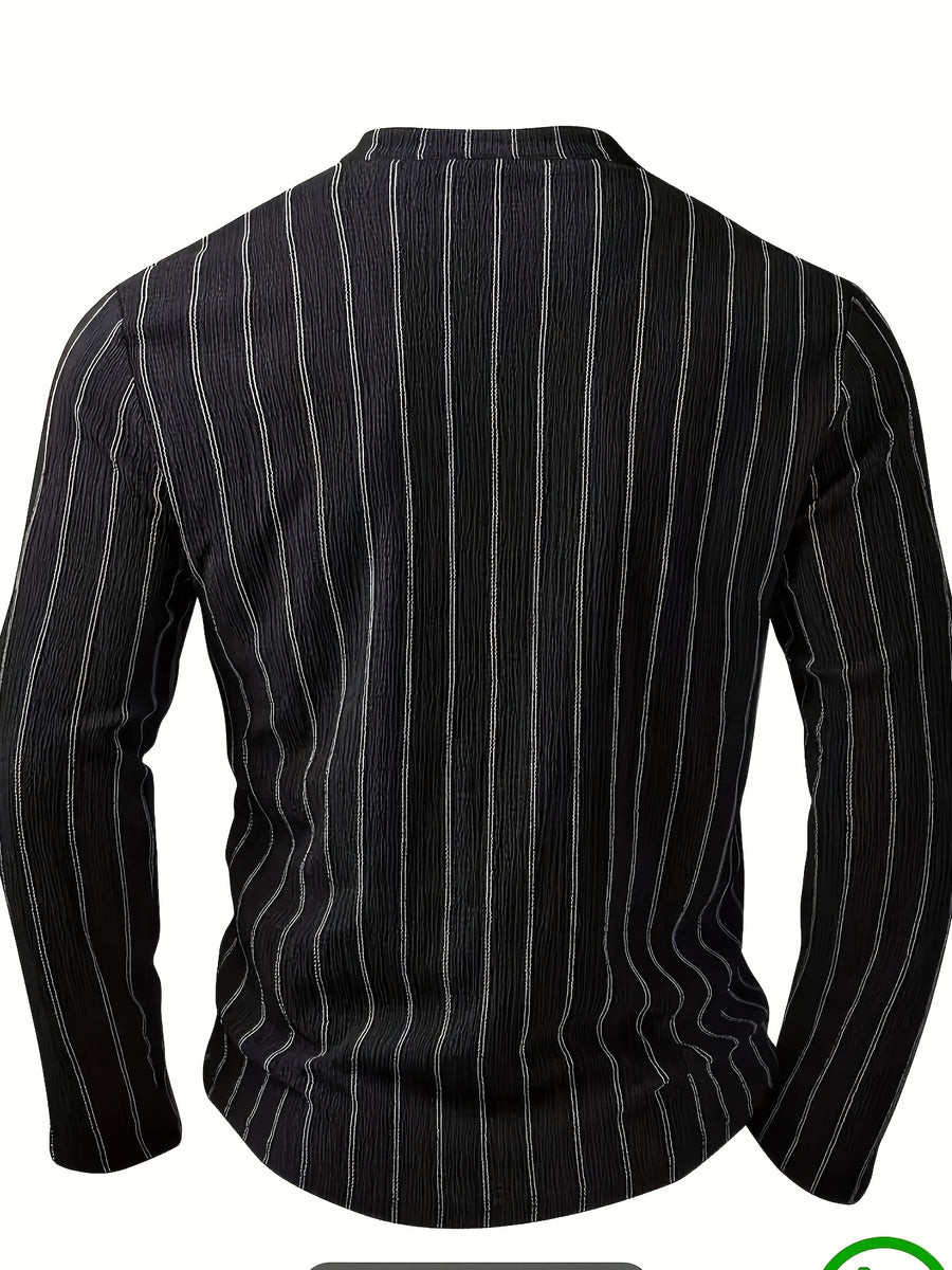 Men'S Casual Striped Long-Sleeve Shirt – Black with Vertical Stripes, Button Henley Neckline, Medium Stretch Knit Fabric, Perfect for Casual Wear in Spring And Autumn, Spring/Summer Clothing | Striped Shirt | Medium Stretch Fabric - Black