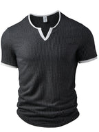 Men's Fashion Top, Spring/Summer Casual Style with Ribbed Textured Fabric, Color-Block Patchwork, Small V-Neck Short Sleeve Henley Shirt - Dark Gray
