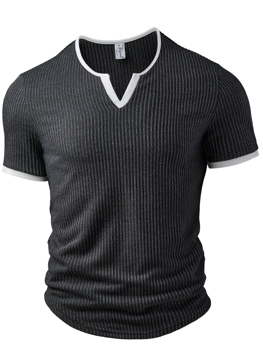 Men's Fashion Top, Spring/Summer Casual Style with Ribbed Textured Fabric, Color-Block Patchwork, Small V-Neck Short Sleeve Henley Shirt - Dark Gray
