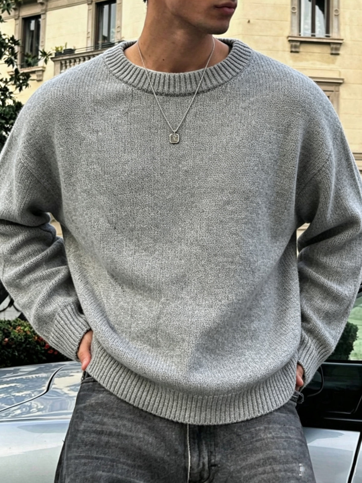 Men's New Autumn/Winter Casual Loose-Fit Simple Solid Color Street Vintage Commuter Versatile Basic Short Cropped Lazy Style Fabric Long Sleeve Crew Neck Pullover Knit Top - Grey