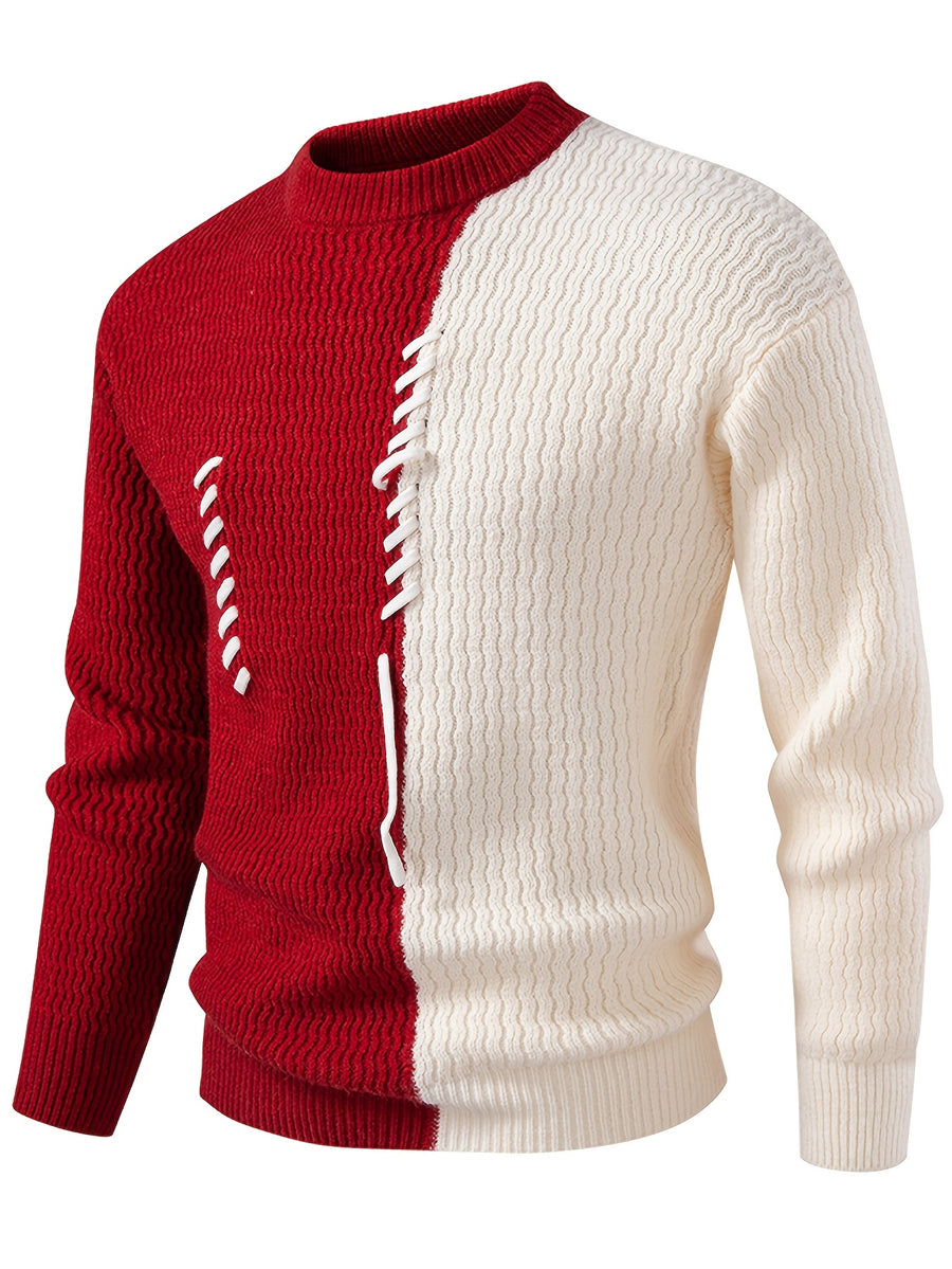 Autumn Winter Thick Knit Sweater Men'S Youth Casual Base Warm Trendy Top - Red