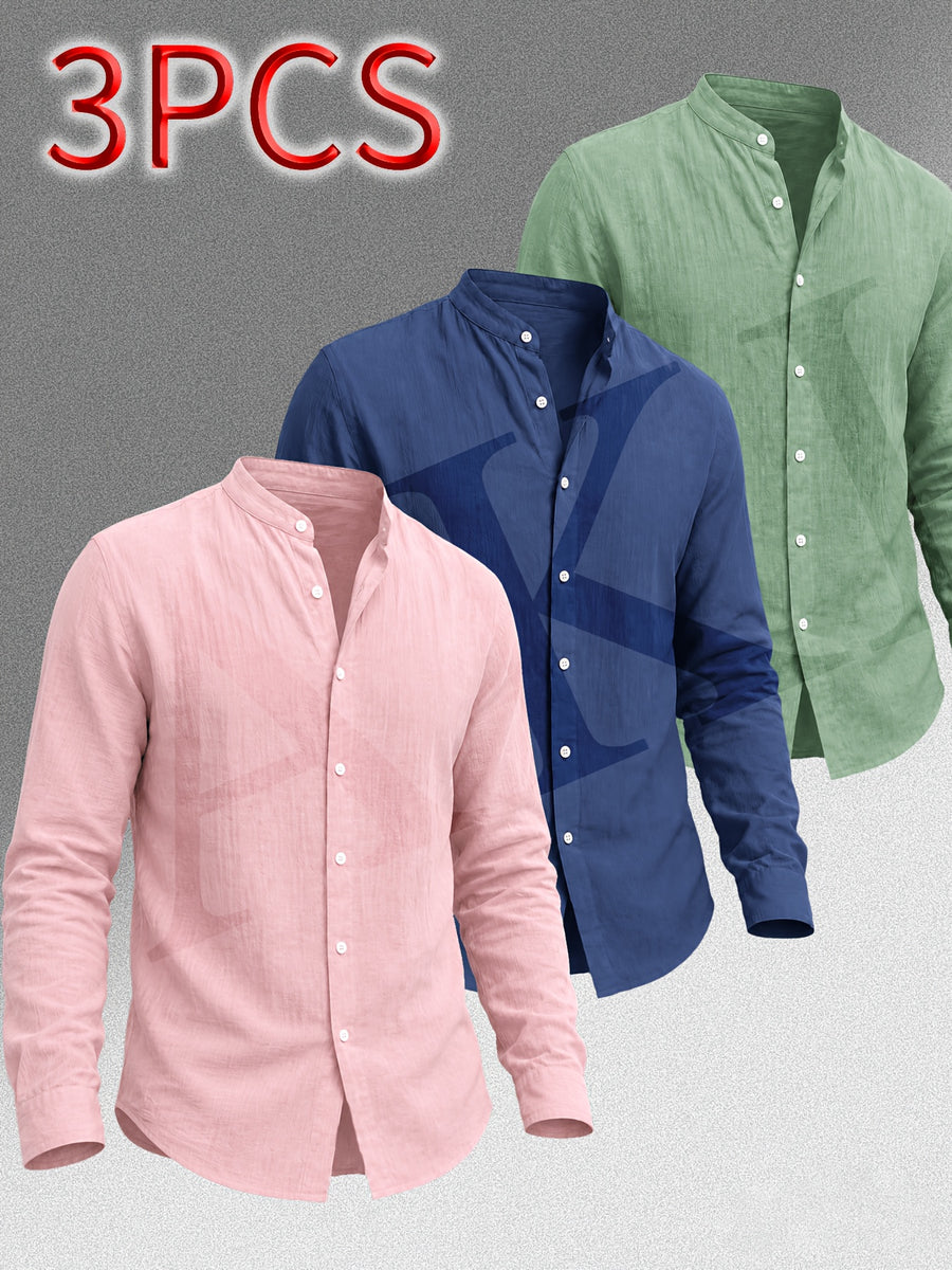 [Know And Give OBM] Men'S Clothing New Stand-Up Collar Solid Linen-Like Long Sleeve Shirt 3pcs Set, Minimalist Design, Spring Autumn Winter High-Quality Men'S Long Sleeve Button-Up Shirt - Suitable for Outdoor Leisure Vacation Formal Wear - Pink + Navy Blue + Green