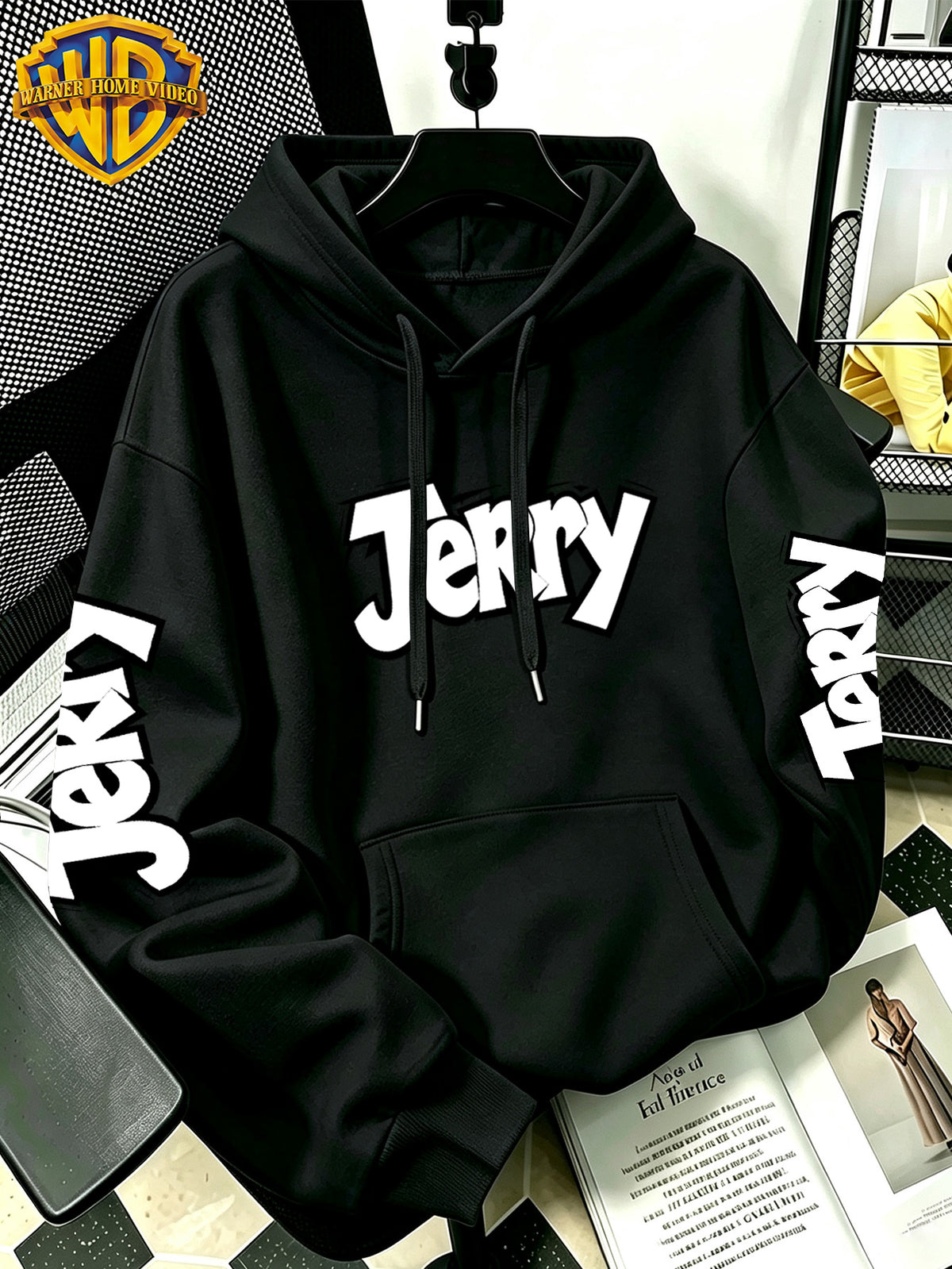 By Warner Bros., 2026 New Fun Cartoon Print, Men's Hoodie, Hooded Sweatshirt, Kangaroo Pocket and Drawstring Hat, Suitable for Daily and Outdoor Sports Wear, Autumn and Winter Warm Jacket, Fashionable Jacket - Black