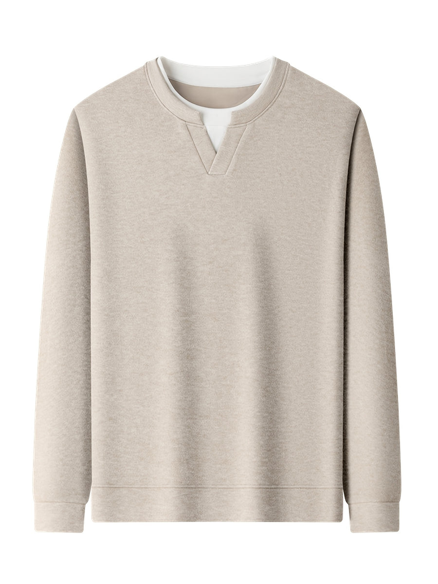 Men'S V-Neck Faux Two-Piece Long Sleeve Sweatshirt, Suitable for Commute And Casual Wear, Outerwear And Inner Wear, Regular Shoulder Long Sleeve Pullover Sweatshirt - SINBOS - Oat