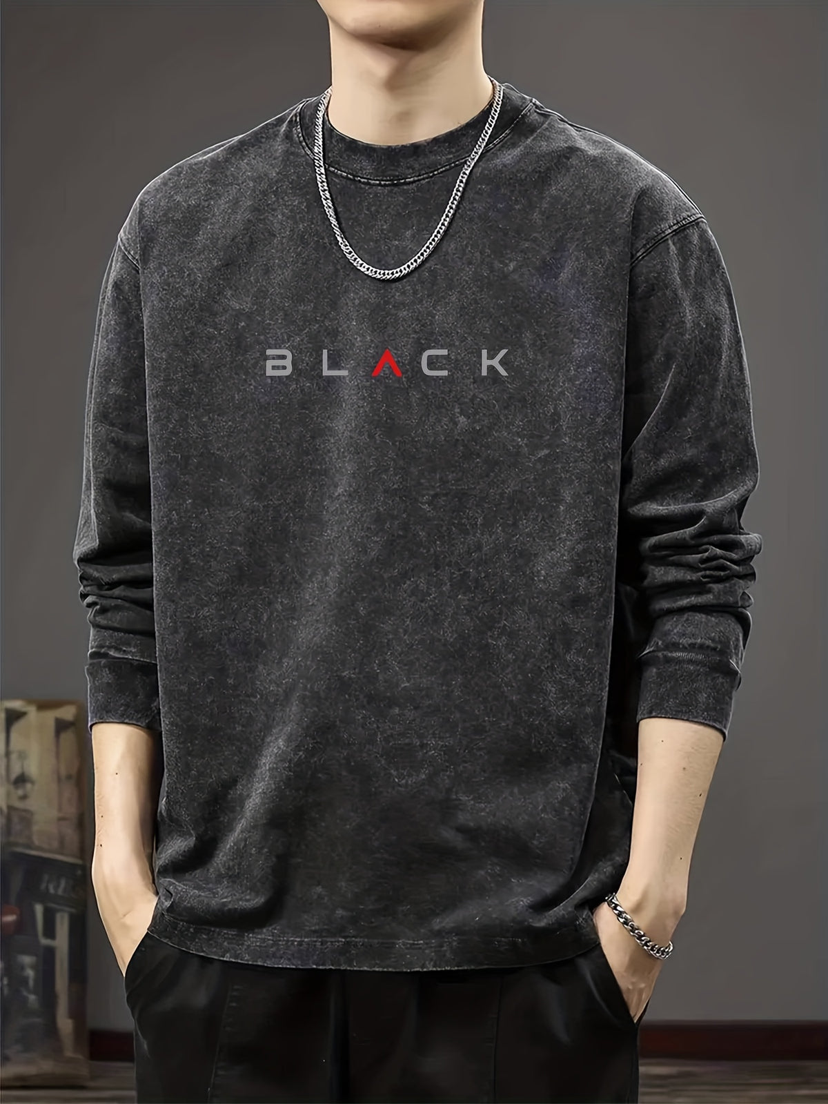 Men's 100% Cotton Oversized Round Neck Long Sleeve T-Shirt with Subtle Chest Print - Casual Loose Fit Spring/Autumn Layering Essential, Plain for easy matching, 100% Breathable Fabric - Black