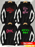 4pcs Set: Autumn/Winter Men's Pullover Hooded Sweatshirt with Diagonal Contrast Color Line Cut on Sleeves, Street Style Top. Features Adjustable Drawstring and Large Kangaroo Pocket for Storing Phones and Small Items. Made of Skin-Friendly - Black + Black + Black + Black