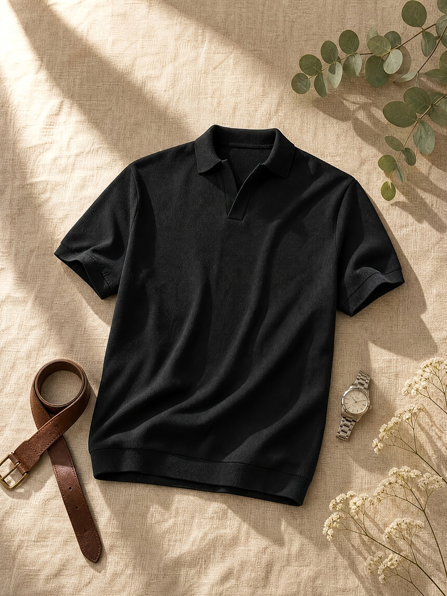 New Fashion Men'S Polo Collar Casual Outing Commute Top Fabric Stretch Ribbed, Spring, Trendy, Outdoor, Breathable - Black