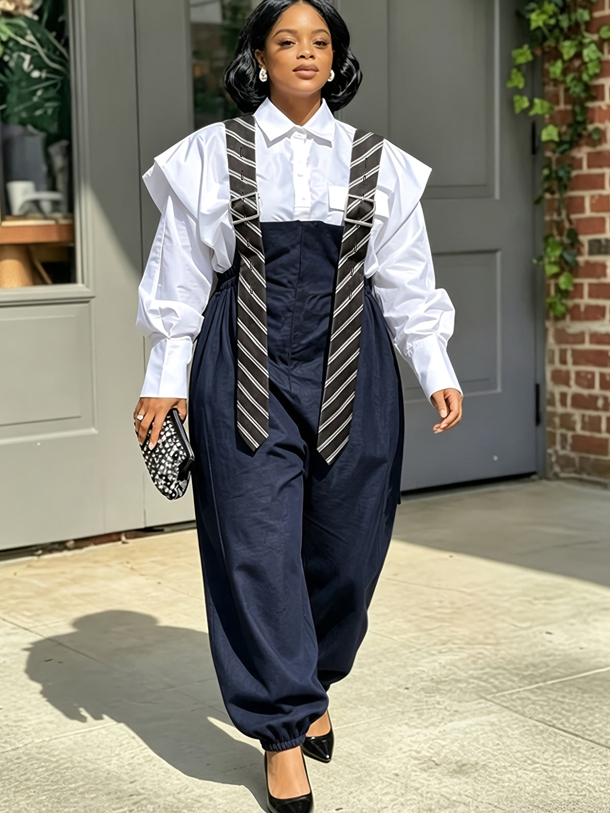 2026 New Women's Loose-Fit Buttoned Wide-Leg Pants, Stylish and Versatile Casual Jumpsuit, Casual Striped Overalls with Metal Adjustable Shoulder Straps, Suspender Overalls with Tie Accents, Wide-Leg Cargo Jumpsuit - Navy Color