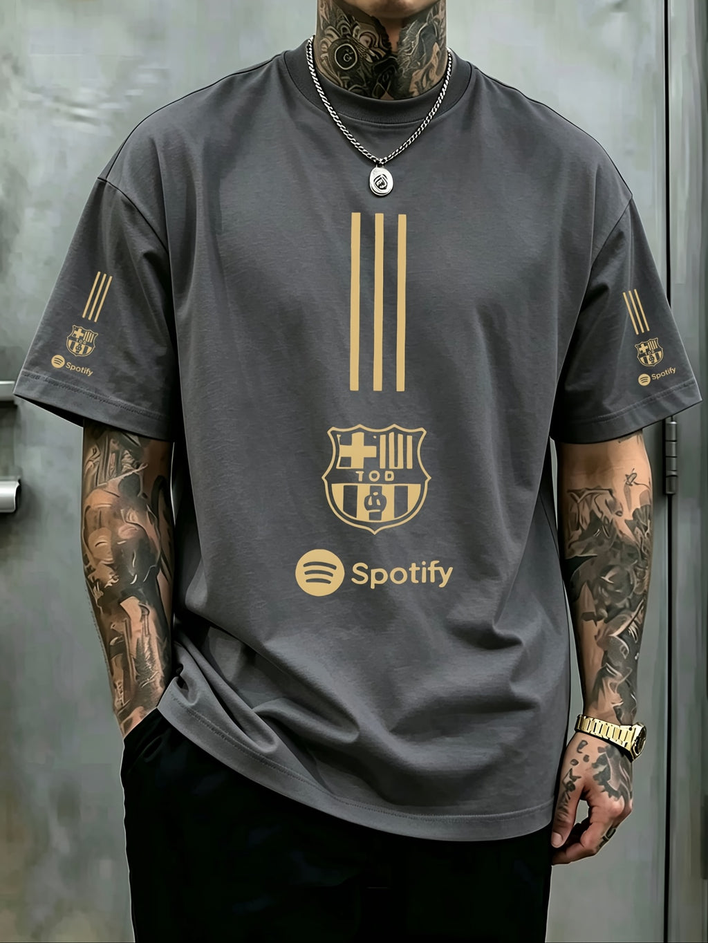 Adult Round Neck T-Shirt Trendy Golden Badge Striped Print Top Casual Outing Fan Gathering Leisure All-Match Breathable Pullover Sweater - Grey